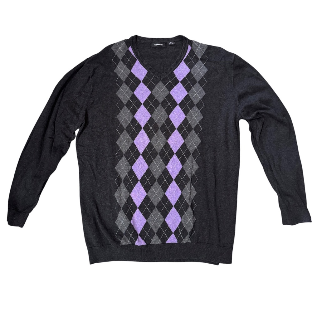 Classic Argyle V-neck Men's Claiborne Sweater Sz XL Gray, Charcoal, light purple
